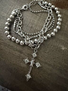 Sterling-Tone Cross Pendant Multi-Chain Bracelet - Silver